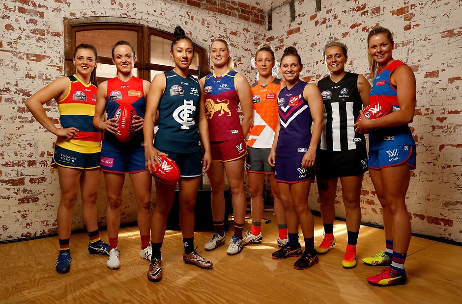 AFL 2016 Media - AFL Womens Apparel Launch MELBOURNE, AUSTRALIA - NOVEMBER 10: (L-R) Ebony Marinoff of Adelaide, Daisy Pearce of Melbourne, Darcy Vescio of Carlton, Tayla Harris of Brisbane, Emma Swanson of GWS Giants, Kiara Bowers of Fremantle, Moana Hope of Collingwood and Katie Brennan of the Western Bulldogs pose in their 2017 playing guernseys during the AFL Womens Apparel Launch at Kensington Collective in Melbourne, Australia on November 10, 2016. (Photo by Adam Trafford/AFL Media)